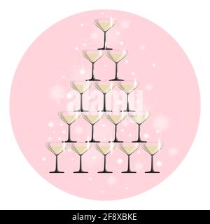 Hochzeitspyramide aus Gläsern. Champagner-Turm mit Sekt für eine Hochzeitsfeier oder eine Feier. Vektor-Illustration im flachen Stil. Stock Vektor