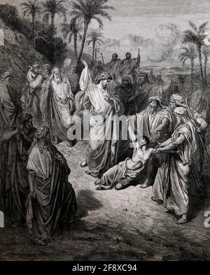 Bibelgeschichte Illustration Jesus heilend die Lunatic (Matthäus 17:14-15) Stockfoto
