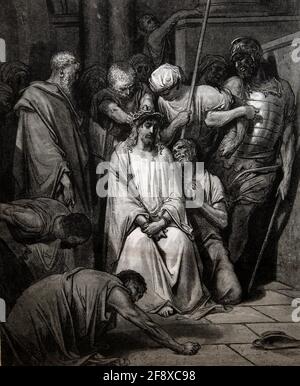 Bibelgeschichte Illustration Römische Soldaten platzieren die Dornenkrone Über Jesus Christus Haupt (John19:15) von Gustave Dore Stockfoto