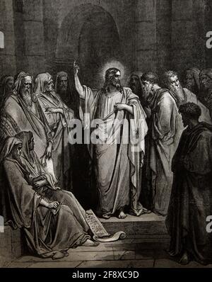 Bibelgeschichte Illustration Jesus predigte in der Synagoge (Matthäus 13:54) von Gustave Dore Stockfoto