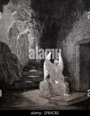 Bibelgeschichte Illustration der Engel an der Tür des Grab als der Eintritt der zwei Maria (Matthäus 28:5-6) Von Gustave Dore Stockfoto