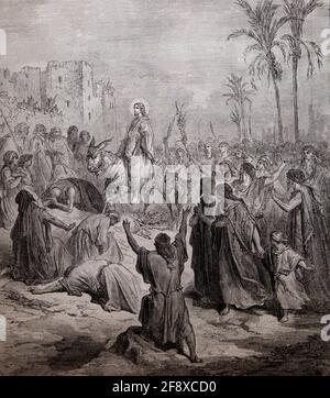 Bibelgeschichte Illustration Eintrag von Jesus in Jerusalem (Matthäus 21:7-8) Von Gustave Dore Stockfoto