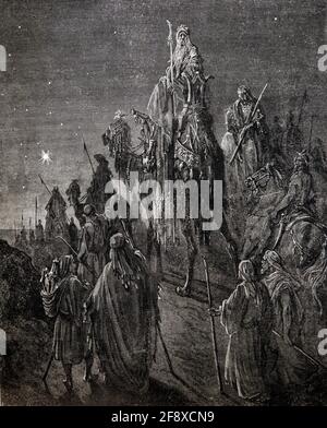 Bibelgeschichte Illustration die drei Weisen, geführt von der Star (Matthew 2;1-2) von Gustave Dore Stockfoto