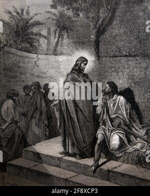 Bible Story Illustration Jesus Christus heilte den kranken Mann Lähmung (Matthäus 12:22-25) von Gustave Dore Stockfoto