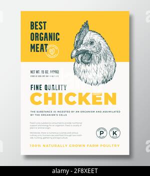 Best Organic Meat Abstract Vector Packaging Design oder Label Template. Geflügelbanner Aus Eigener Landwirtschaft. Moderne Typografie und handgezeichneter Hühnerkopf Stock Vektor