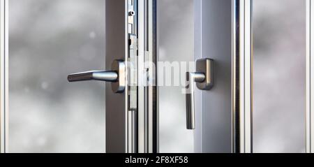 Offene Aluminiumfenster. Nahaufnahme des Türrahmens aus Metall, PVC. Energieeffizient, Sicherheitsprofil, verwackelte Außenhintergrunds Stockfoto