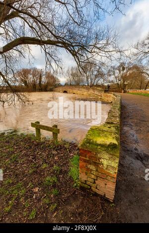 Der stark überflutete Fluss Avon an der Pershore Old Bridge im Winter, Worcestershire, England Stockfoto