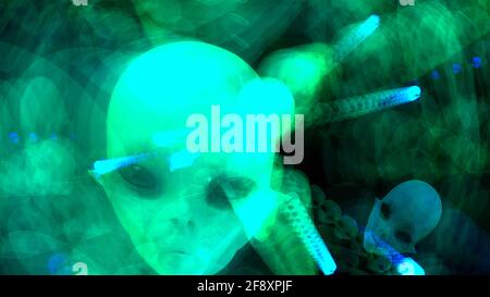 Künstlerische 3D-Illustration von Alien Faces Stockfoto