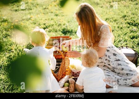 Picknick Mama mit Kindern im Sommer auf einer grünen Wiese auf dem Feld. Stockfoto