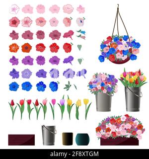Set von Petunia und Tulpenblüten für Blumenarrangements mit Anwendungsbeispielen in Körben, Eimern und Töpfen. Vektordarstellung in einem Carto Stock Vektor
