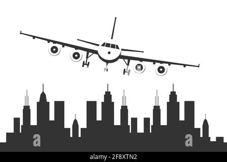 Flugzeug, das über einer Stadt fliegt. Stock Vektor