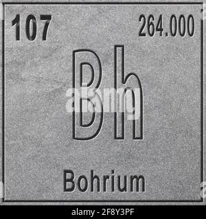 Bohrium chemisches Element, Zeichen mit Ordnungszahl und Atomgewicht, Periodensystem, silberner Hintergrund Stockfoto