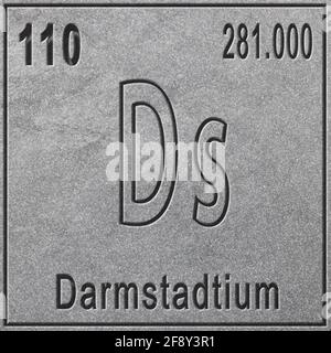 Darmstadtium chemisches Element, Zeichen mit Ordnungszahl und Atomgewicht, Periodensystem-Element, silberner Hintergrund Stockfoto