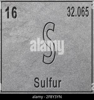 Chemisches Element Schwefel, Zeichen mit Ordnungszahl und Atomgewicht, Periodensystem, silberner Hintergrund Stockfoto
