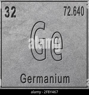 Germanium chemisches Element, Zeichen mit Ordnungszahl und Atomgewicht, Periodensystem, silberner Hintergrund Stockfoto