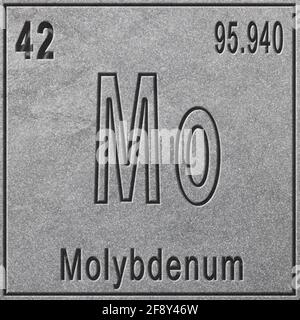 Molybdän chemisches Element, Zeichen mit Ordnungszahl und Atomgewicht, Periodensystem, silberner Hintergrund Stockfoto