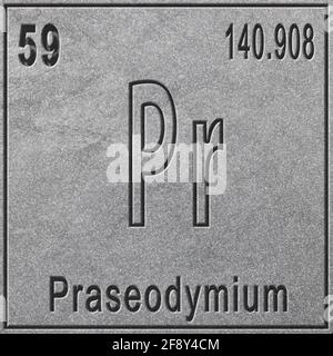 Chemisches Praseodym-Element, Zeichen mit Ordnungszahl und Atomgewicht, Periodensystem-Element, silberner Hintergrund Stockfoto