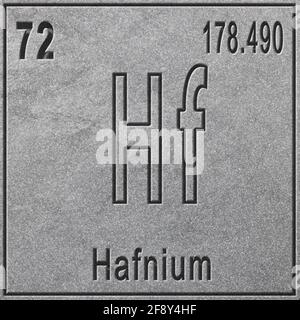 Chemisches Element Hafnium, Zeichen mit Ordnungszahl und Atomgewicht, Periodensystem, silberner Hintergrund Stockfoto