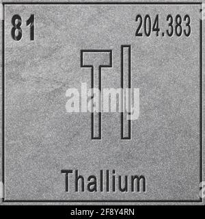 Thallium chemisches Element, Zeichen mit Ordnungszahl und Atomgewicht, Periodensystem, silberner Hintergrund Stockfoto
