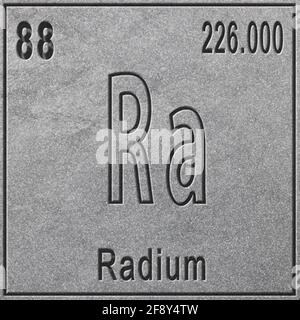 Chemisches Radium-Element, Zeichen mit Ordnungszahl und Atomgewicht, Periodensystem-Element, silberner Hintergrund Stockfoto