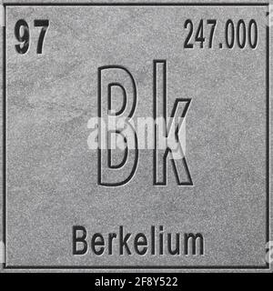 Berkelium chemisches Element, Zeichen mit Ordnungszahl und Atomgewicht, Periodensystem, silberner Hintergrund Stockfoto