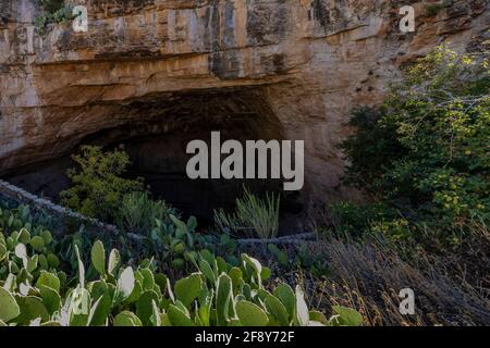 Natürlicher Eingang Pfad, der in die beleuchteten Höhlen des Carlsbad Caverns National Park, New Mexico, USA, führt Stockfoto