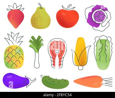Vektor-Illustration eines Sets von verschiedenen bunten Früchten und Gemüse und Fisch in minimalistischem Stil gezeichnet. Gesunde Ernährung. Keine Verläufe. Stock Vektor