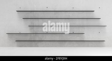 Leere weiße Regale auf Betonwand Hintergrund mit Betonboden im Raum, Präsentation oder Produktplatzierung Vorlage, 3D-Illustration Stockfoto