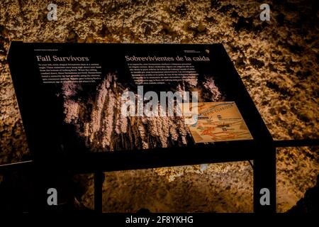 Interpretatives Schild über Iceberg Rock tief unter der Erde im Carlsbad Caverns National Park, New Mexico, USA Stockfoto