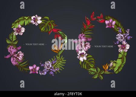 Dunkler Blumenkranz aus Monstera, Bananenpalmenblättern, strelitzia, Heliconia, tropischen Palmenblättern, Orchidee Stock Vektor