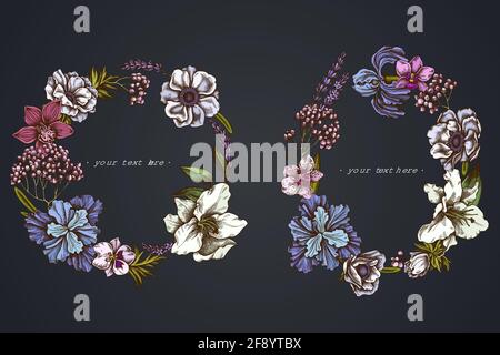 Dunkler Blumenkranz aus Anemone, Lavendel, Rosmarin Everlasting, Phaenopsis, Lilie, iris Stock Vektor