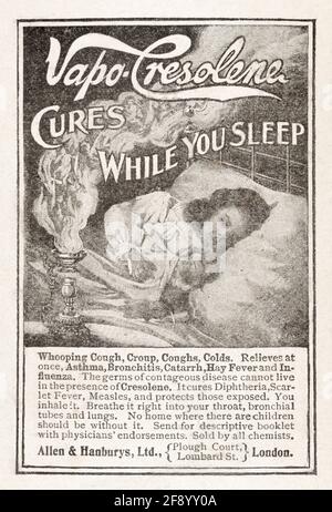 Alte viktorianische Zeitungspapier für Vapo-Cresoline Cold Cure Medizin Werbung von 1901 - vor Werbestandards. Stockfoto