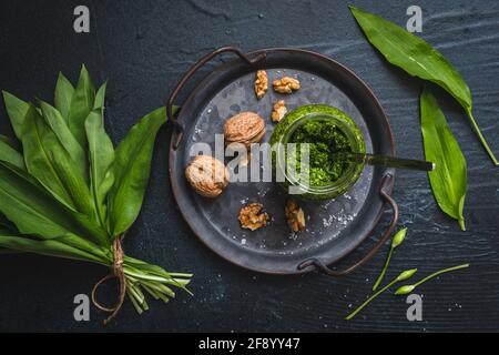 Hausgemachtes Bärlauch-Pesto und Walnüsse auf einem Metalltablett, Bärlauch-Blätter und Blüten auf schwarzem Hintergrund Stockfoto