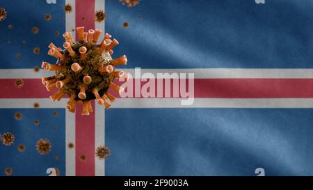 3D, isländisches Flaggenschwenken und Coronavirus 2019 NCoV-Konzept. Asiatischer Ausbruch in Island, Coronaviren Influenza als gefährliche Grippefälle wie ein Pan Stockfoto