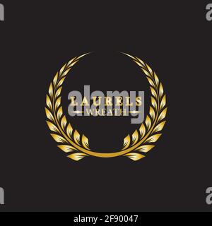 Goldener Lorbeerkranz. Symbol des Sieges und der Errungenschaft. Gestaltungselement zur Dekoration von Medaille, Auszeichnung, Wappen oder Jubiläumslogo. Goldenes Blatt si Stock Vektor