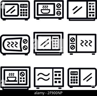 Mikrowellen-Symbolsatz. Verschiedene elektrische Symbole. Anderes Symbol in dünnen Linien. Vektor-isolierte Illustration. Stock Vektor