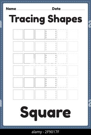 Tracing Formen quadratischen Arbeitsblatt für Kindergarten und Vorschulkinder für Handschriftübungen und pädagogische Aktivitäten auf einer druckbaren Seite Stock Vektor