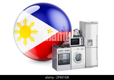 Küchen- und Haushaltsgeräte mit philippinischer Flagge. Produktion, Einkauf und Lieferung von Haushaltsgeräten auf den Philippinen Konzept. 3D-Rendering Isolate Stockfoto