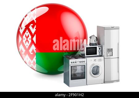 Küchen- und Haushaltsgeräte mit belarussischer Flagge. Produktion, Einkauf und Lieferung von Haushaltsgeräten in Weißrussland Konzept. 3D-Rendering isoliert Stockfoto