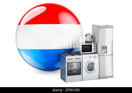 Küchen- und Haushaltsgeräte mit luxemburgischer Flagge. Produktion, Einkauf und Lieferung von Haushaltsgeräten im Luxembourg-Konzept. 3D-Rendering-iso Stockfoto