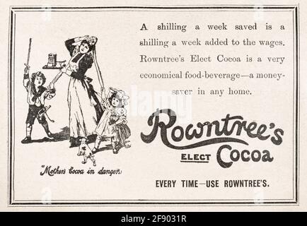 Der alte viktorianische Vintage-Werbespot von Rowntree's Chocolate aus dem Jahr 1902 wurde vor dem Beginn der Werbestandards gedruckt. Geschichte der Schokolade von Rowntree. Stockfoto