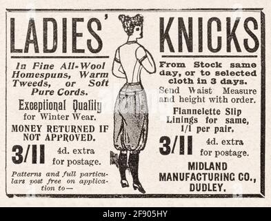 Alte viktorianische Zeitungspapier Kleidung / Mode-Anzeige von 1901 - Pre-Werbung Standards. Werbung für alte Kleidung, Werbung für alte knickerbocker. Stockfoto