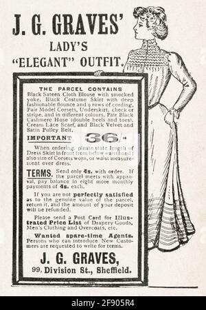 Alte viktorianische Zeitungspapier Kleidung / Mode-Anzeige von 1902 - Pre-Werbung Standards. Werbung für alte Kleidung, Werbung für alte Mode. Stockfoto