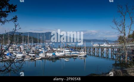 Die Boote vertäuten in einem Hafen, Brentwood, Halbinsel Saanich, British Columbia, Kanada Stockfoto