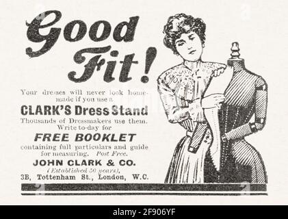 Alte viktorianische Zeitungspapier Kleidung / Mode-Anzeige von 1906 - Pre-Werbung Standards. Werbung für alte Kleidung, Werbung für alte Mode. Stockfoto