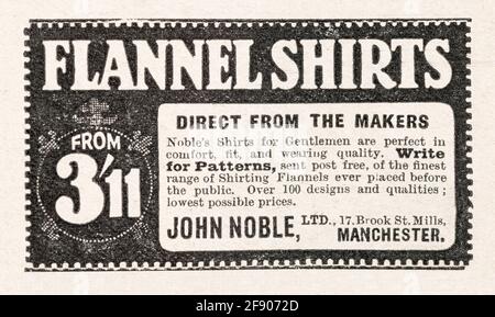 Alte viktorianische Zeitungspapier Kleidung / Mode-Anzeige von 1907 - Pre-Werbung Standards. Werbung für alte Kleidung, Modewerbung von John Noble. Stockfoto