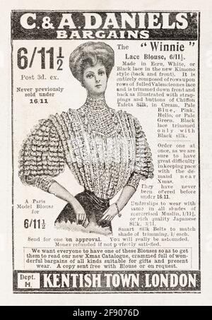 Alte viktorianische Zeitungspapier Kleidung / Mode-Anzeige von 1907 - Pre-Werbung Standards. Werbung für alte Kleidung, Werbung für alte C&A Daniels. Stockfoto