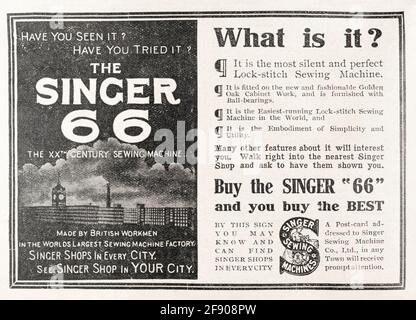 Alte Vintage viktorianische Singer 66 Nähmaschinenanzeige von 1907 - Pre-Advertising Standards. Geschichte der Werbung, alte Anzeigen, Werbungsgeschichte. Stockfoto