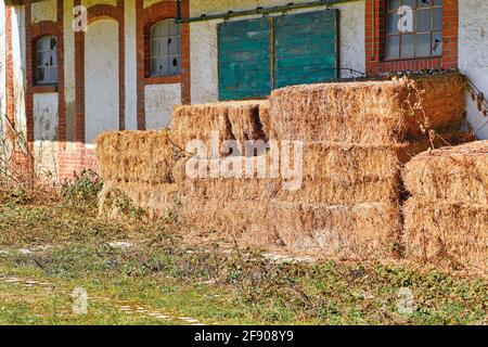 Rechteckige Heuballen vor dem alten verlassenen Bauernhaus Stockfoto
