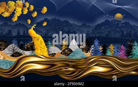 3d Moderne Kunst Wandbild Tapete mit dunkelblauen Dschungel, Wald dunkelblauen Hintergrund bunte weihnachtsbaum, Berg, goldenen Pfau und Mond mit Whi Stockfoto